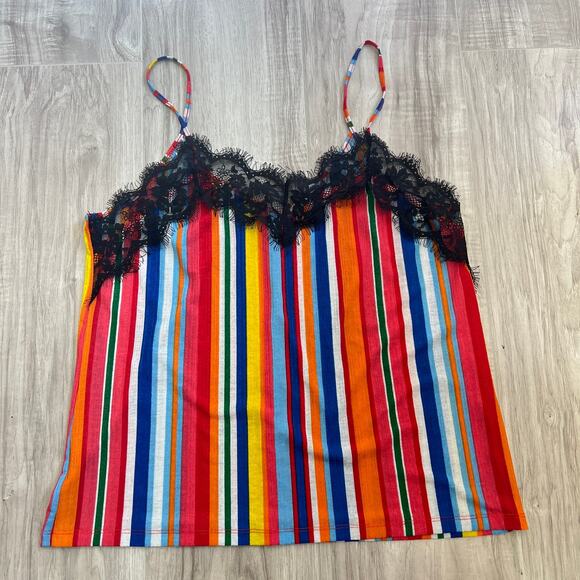 Zara Trafaluc Womens Cami Top Size L Colourful Rainbow Stripe Black Lace Trim - Picture 3 of 8